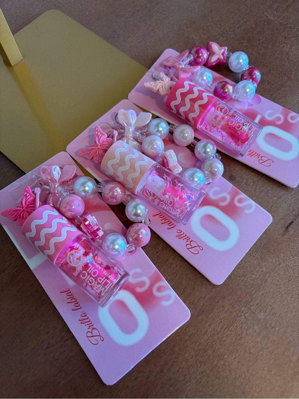 3 Pink Beaded Lip Oil Keychain Charm